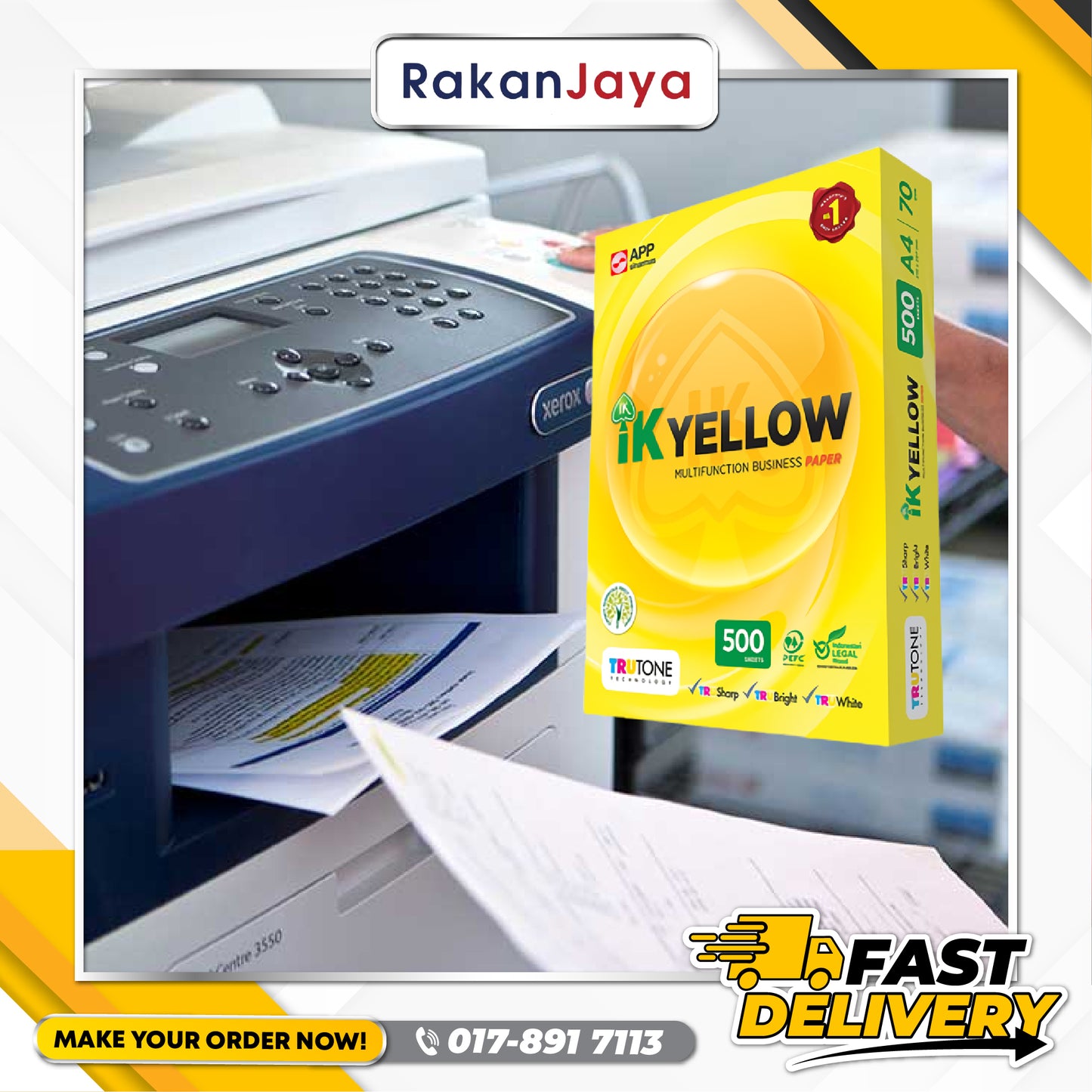 IK YELLOW A4 COPIER PAPER 1 REAM (70 GSM) 500 SHEETS - KERTAS A4 OFFICE PAPER