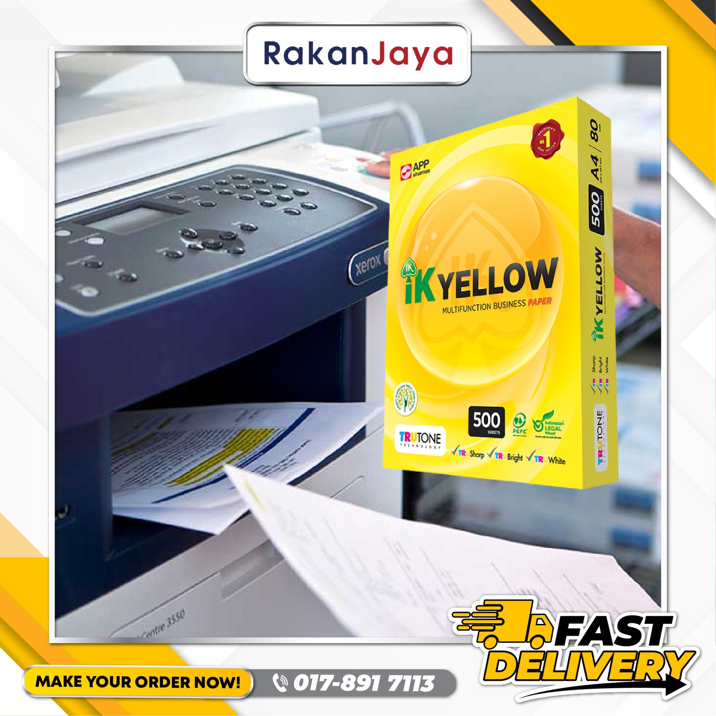 IK YELLOW A4 COPIER PAPER 1 REAM (80 GSM) 500 SHEETS - KERTAS A4 OFFICE PAPER