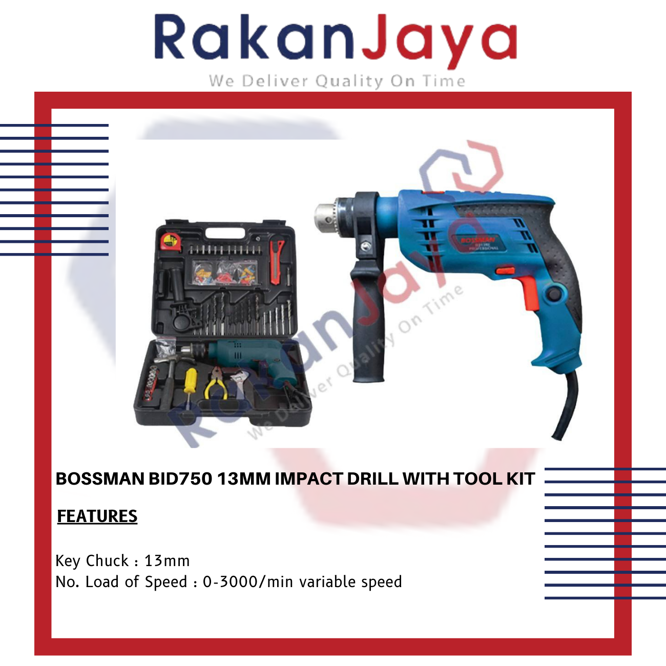 BOSSMAN BID750 13MM IMPACT DRILL WITH TOOL KIT