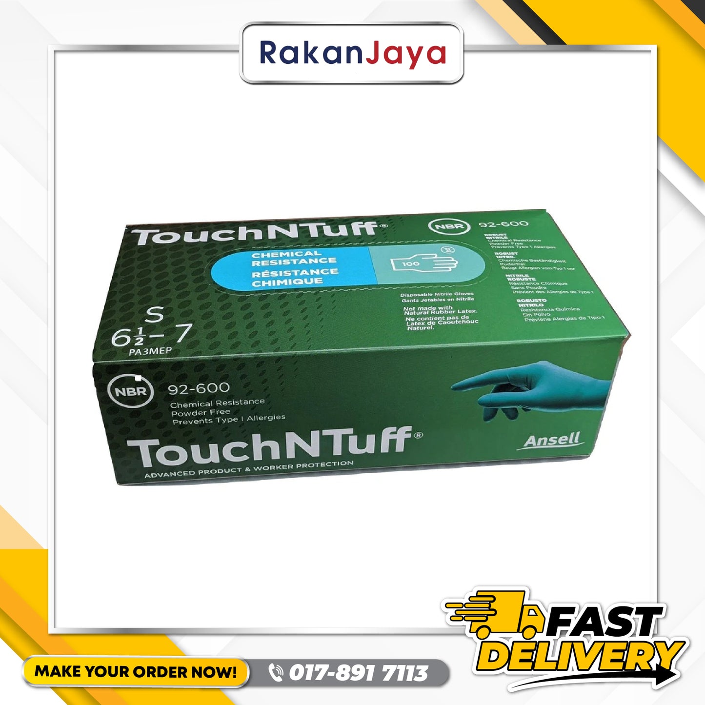 ANSELL TOUCHNTUFF DISPOSABLE NITRILE CHEMICAL GLOVES (MODEL : 92-600)